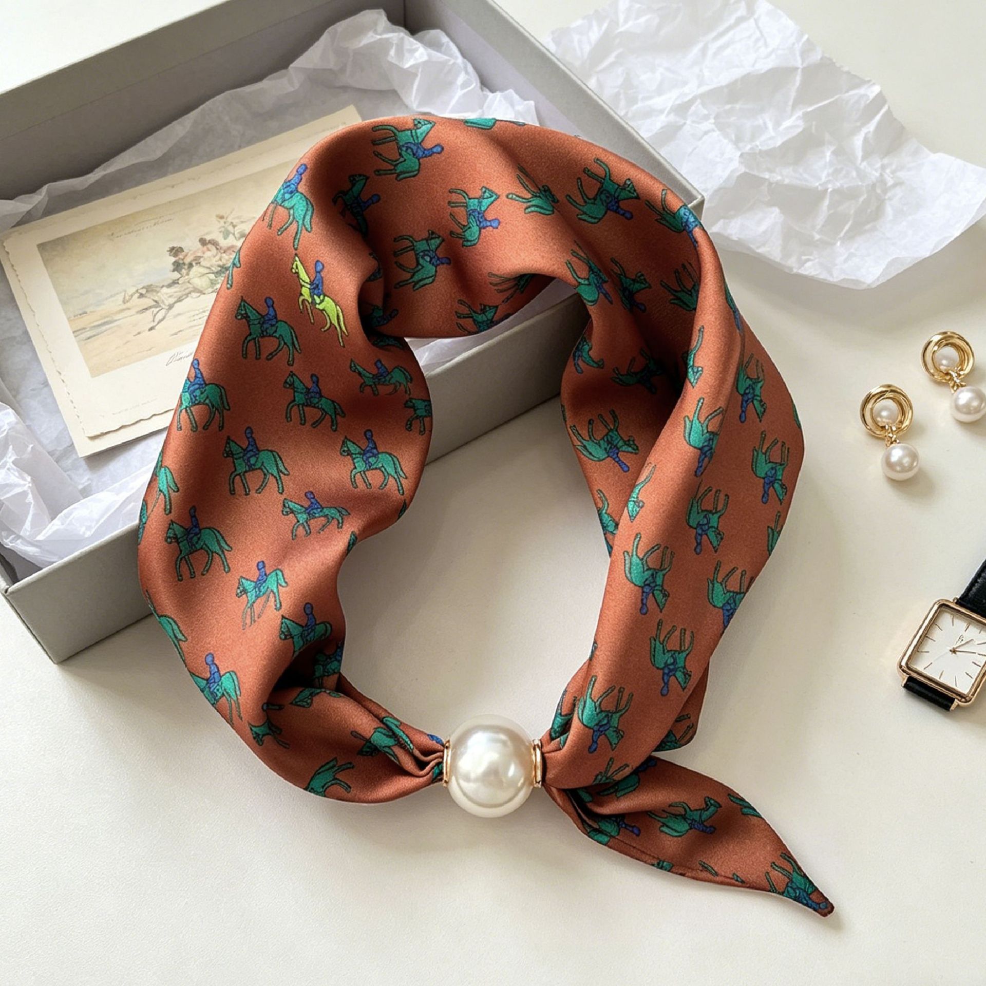 Face Scarf Mask - وشاح نسائي فاخر بتصميم الفارس واللؤلؤ،
